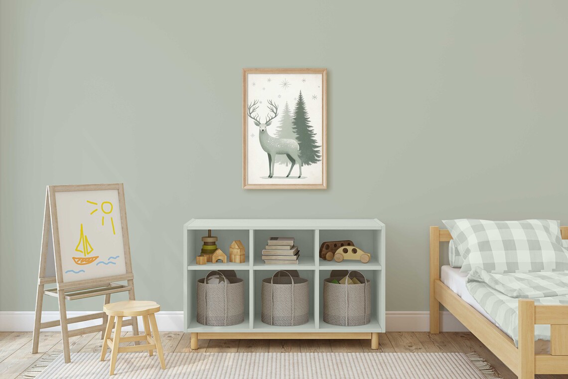 Sage Green Deer in Winter Christmas Pine Forest Wonderland Wall Art - Image 2