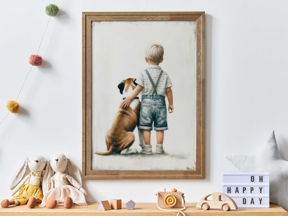 Little Boy and His Boxer Dog Best Friends Rustic Kids Room Wall Poster