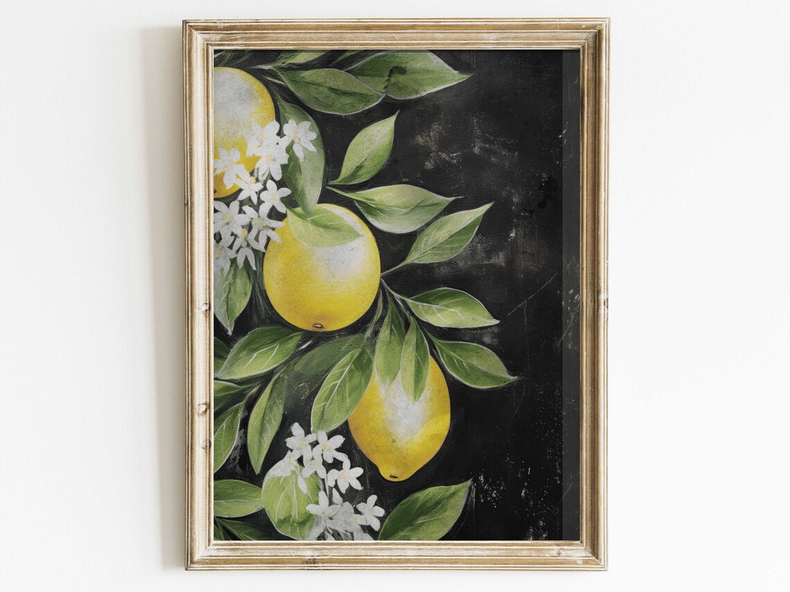 Yellow Lemons With Green Leaves And Blossoms On Black Botanical Print