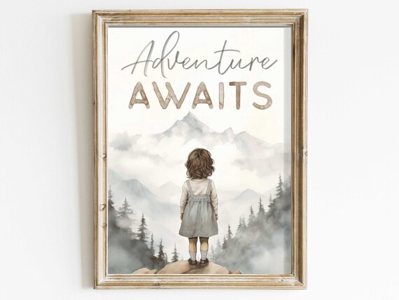 Adventure Awaits Quote Girl Gazing at Misty Mountains Nursery Poster