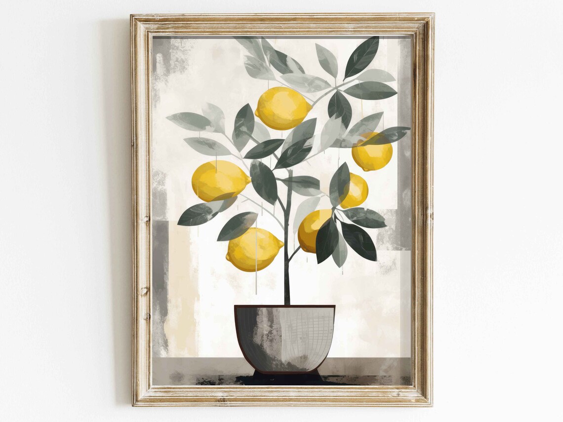 Potted Lemon Tree With Bright Yellow Fruit Kitchen Art Poster
