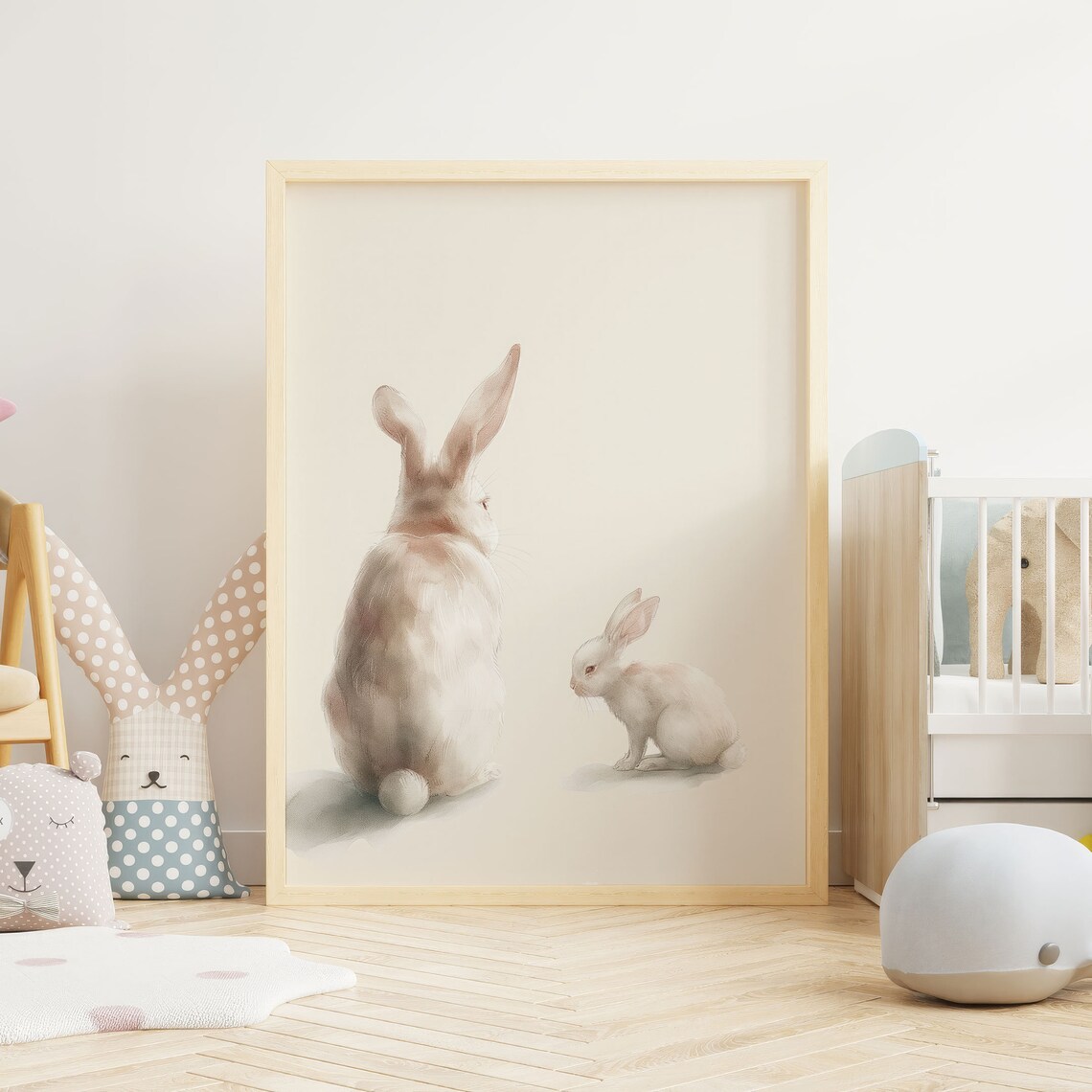 White Rabbit Mother and Baby Soft Watercolor Nursery Decor Poster - Image 2