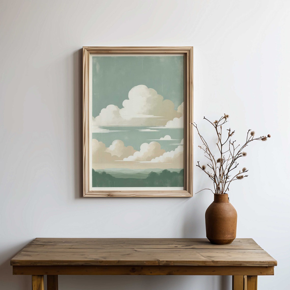 Sage Green Clouds Over Rolling Hills Minimalist Landscape Wall Poster - Image 2