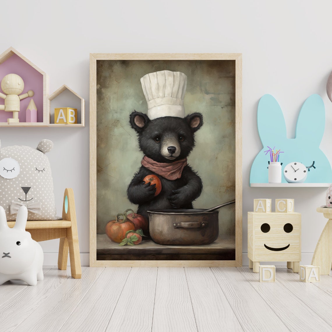 Cute Baby Black Bear Chef Cooking with Pumpkins Nursery Poster - Image 2