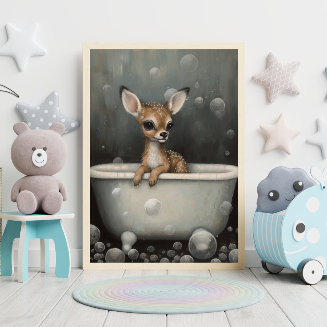 Cute Baby Deer Fawn Relaxing In Vintage Bubble Bath Tub Nursery Poster - Image 2