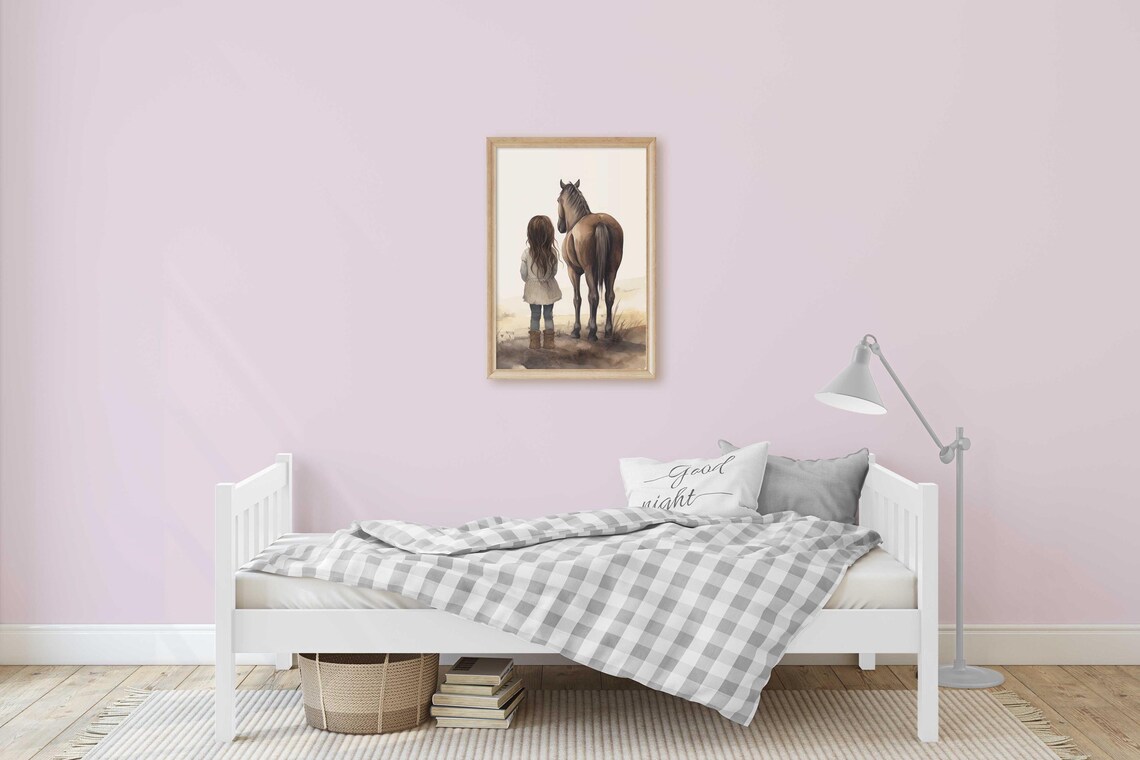 Little Girl And Her Brown Horse Watercolor Nursery Decor Poster - Image 2