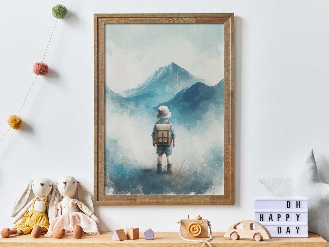 Little Explorer Boy with Backpack Facing Misty Mountains Poster