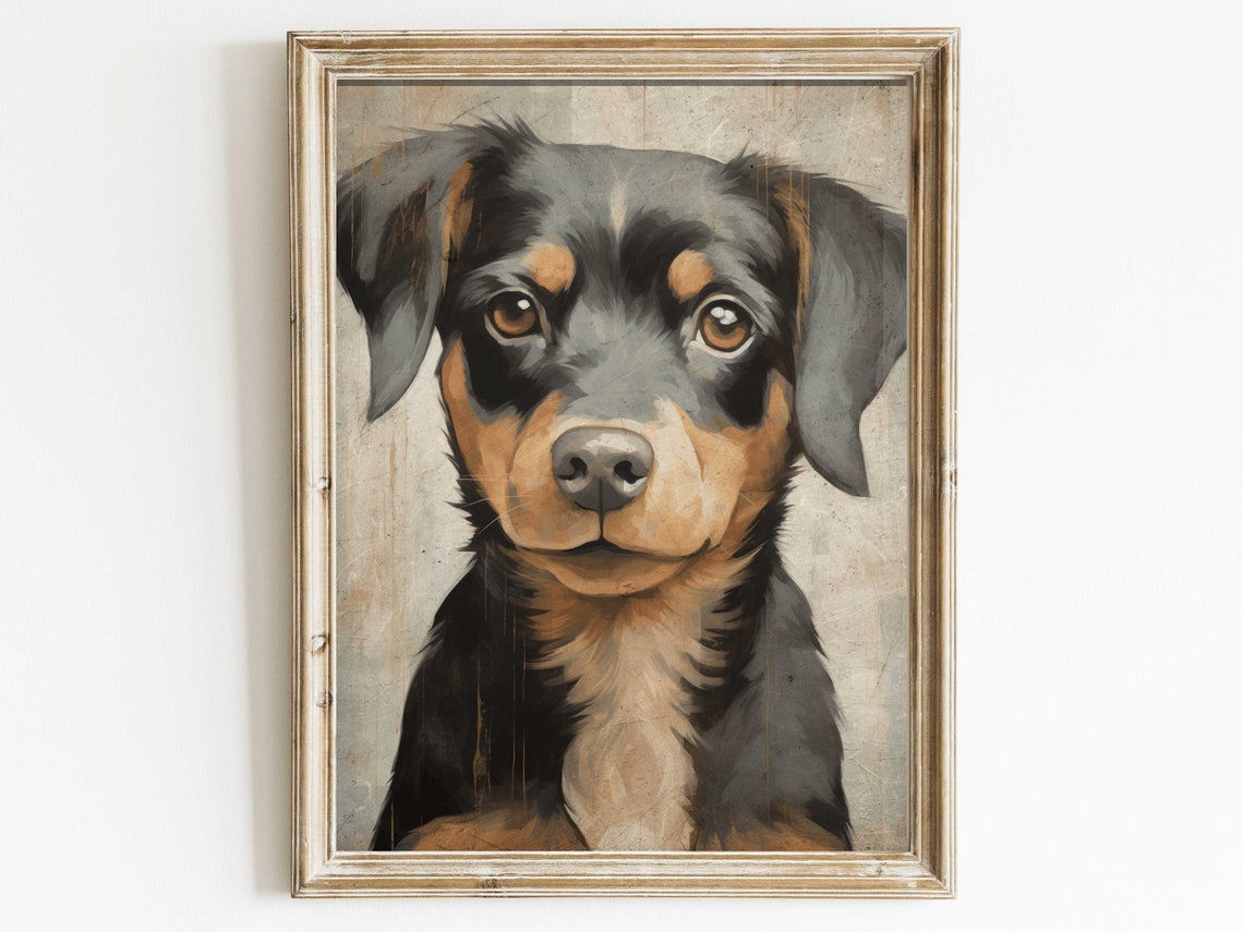 Rottweiler Puppy Face Portrait Vintage Dog Painting Wall Poster