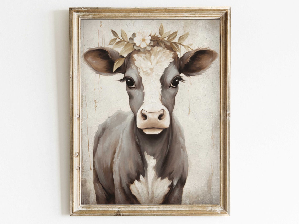 Vintage Cow Portrait Animal With Flowers Cow Wall Art Rustic Farmhouse Home Decor Country Style Art Farm Animal Art Printprintable Art