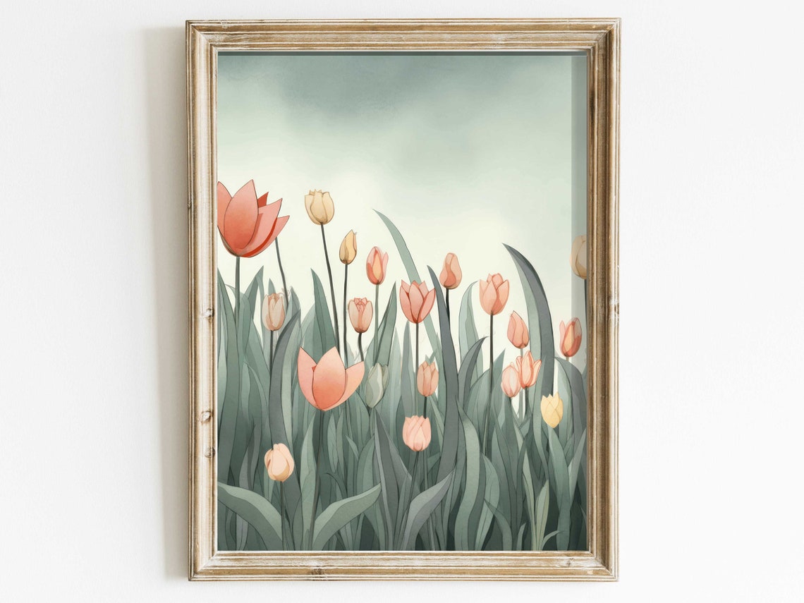 Coral And Peach Tulip Field Botanical Illustration Spring Poster