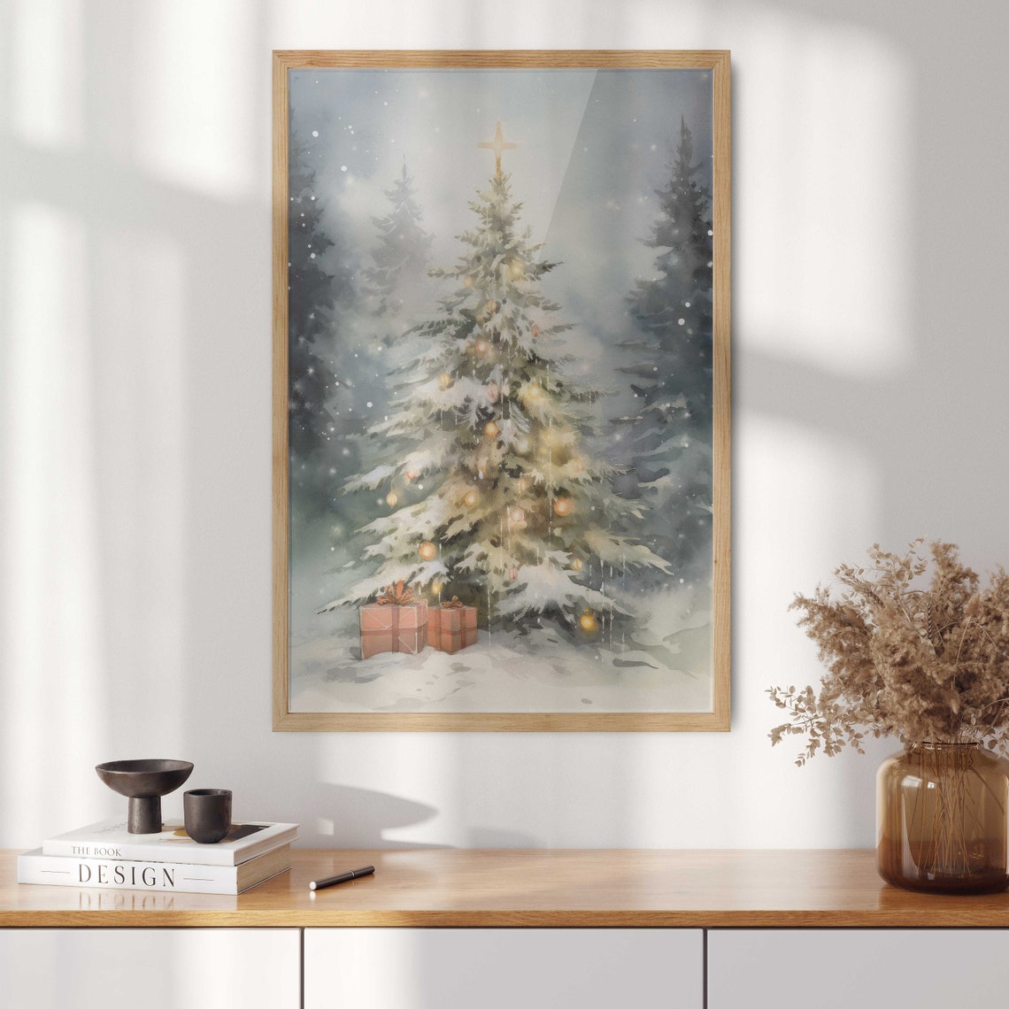 Snowy Christmas Tree With Golden Ornaments In Winter Forest Art Print - Image 2