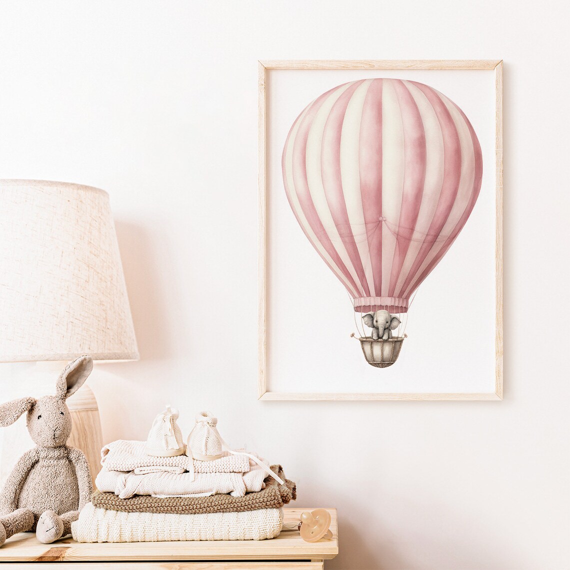 Baby Elephant Riding Pink Hot Air Balloon Nursery Watercolor Poster - Image 2