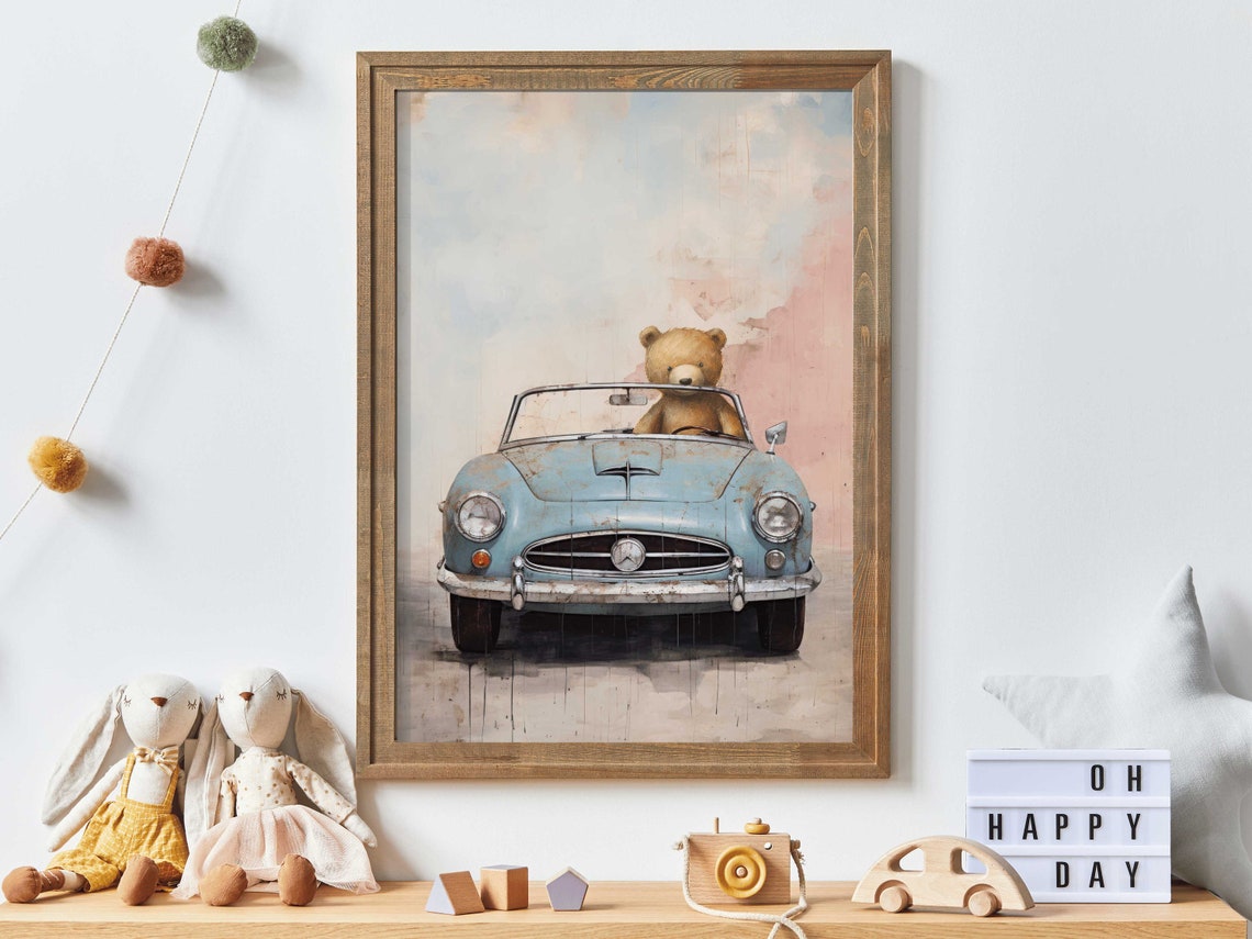 Teddy Bear Driving Blue Vintage Convertible Sports Car Poster