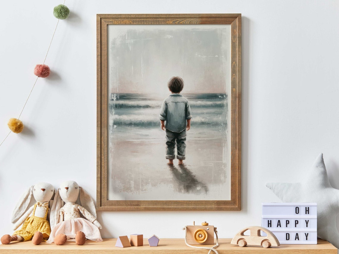 Little Boy Standing at the Ocean Beach Watercolor Nursery Poster