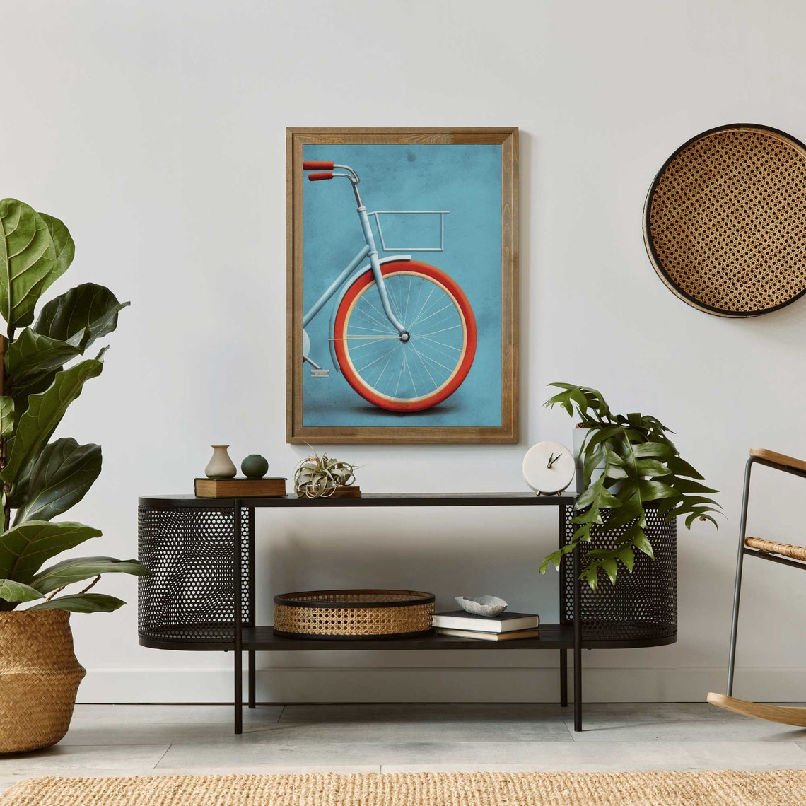 Vintage Blue Bicycle with an Orange Tire on a Teal Backdrop Poster - Image 2