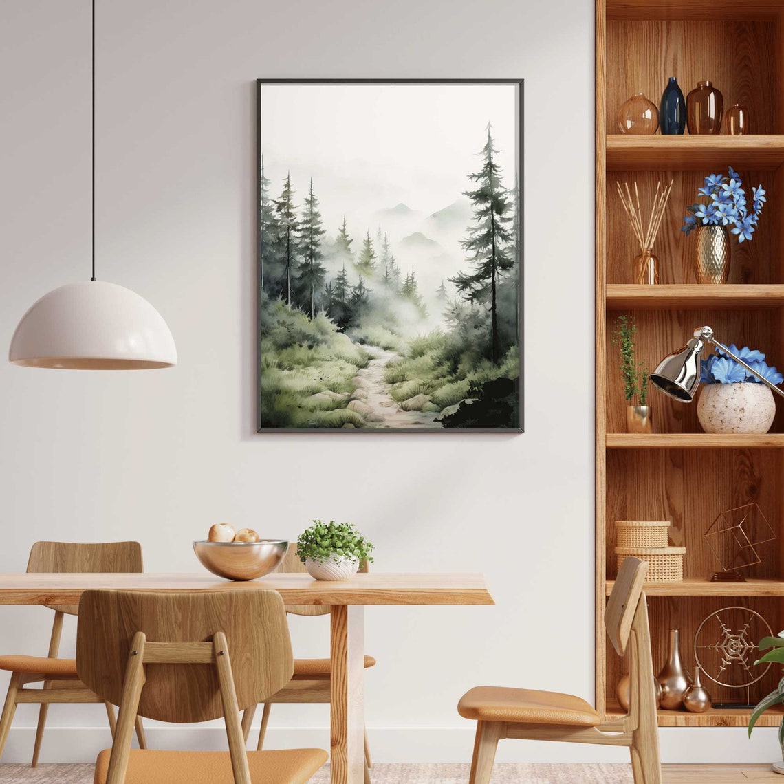 Misty Watercolor Forest Landscape with Tall Pine Trees Poster - Image 2