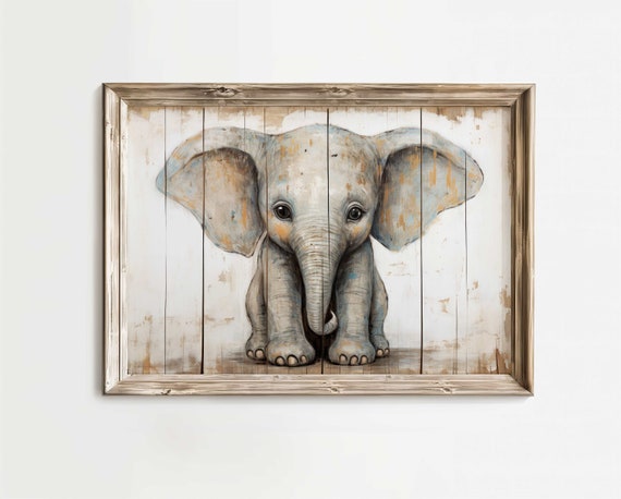 Baby Elephant Print Safari Animal Art Vintage Nursery Baby Animal Art Kids Rustic Nursery Gender Neutral Childs Room Decor