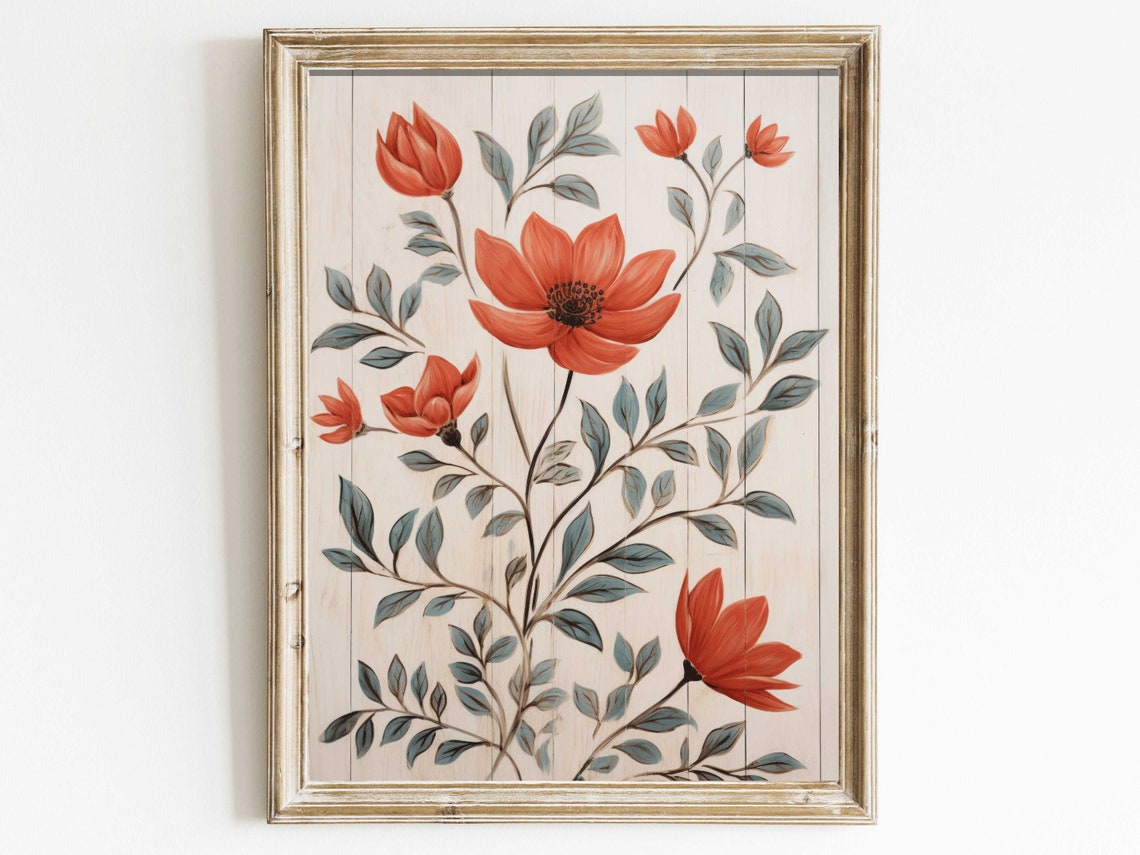 Coral Red Flowers on Whitewashed Wooden Botanical Farmhouse Poster