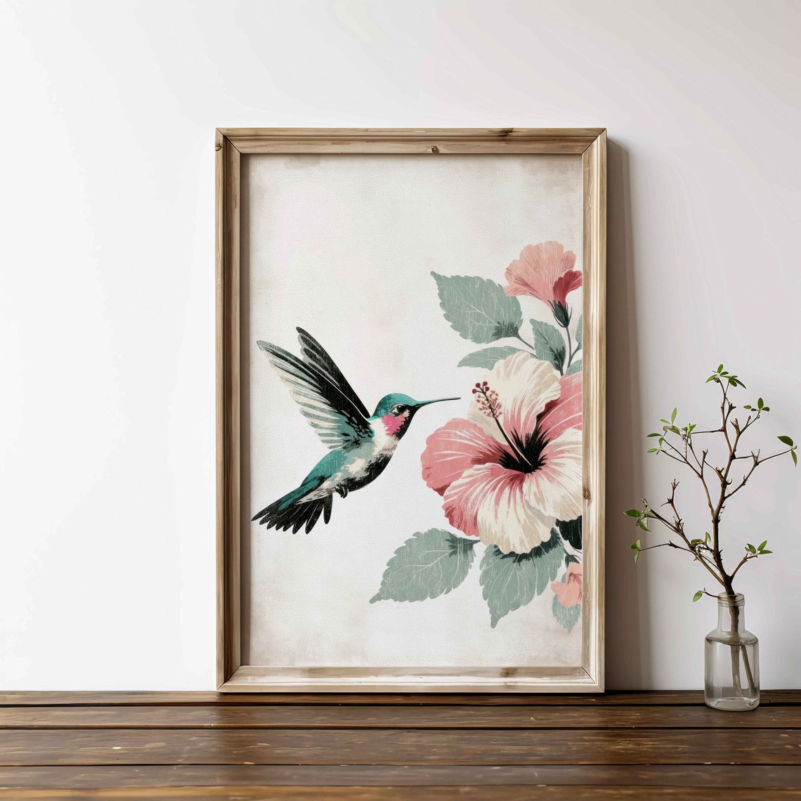 Teal Hummingbird Approaching Pink Hibiscus Flowers Vintage Bird Print - Image 2