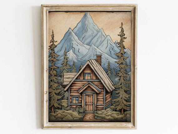 Rustic Mountain Cabin Print Forest And Mountain Landscape Wall Art Cozy Cottage Art Print Vintage Nature Print Art