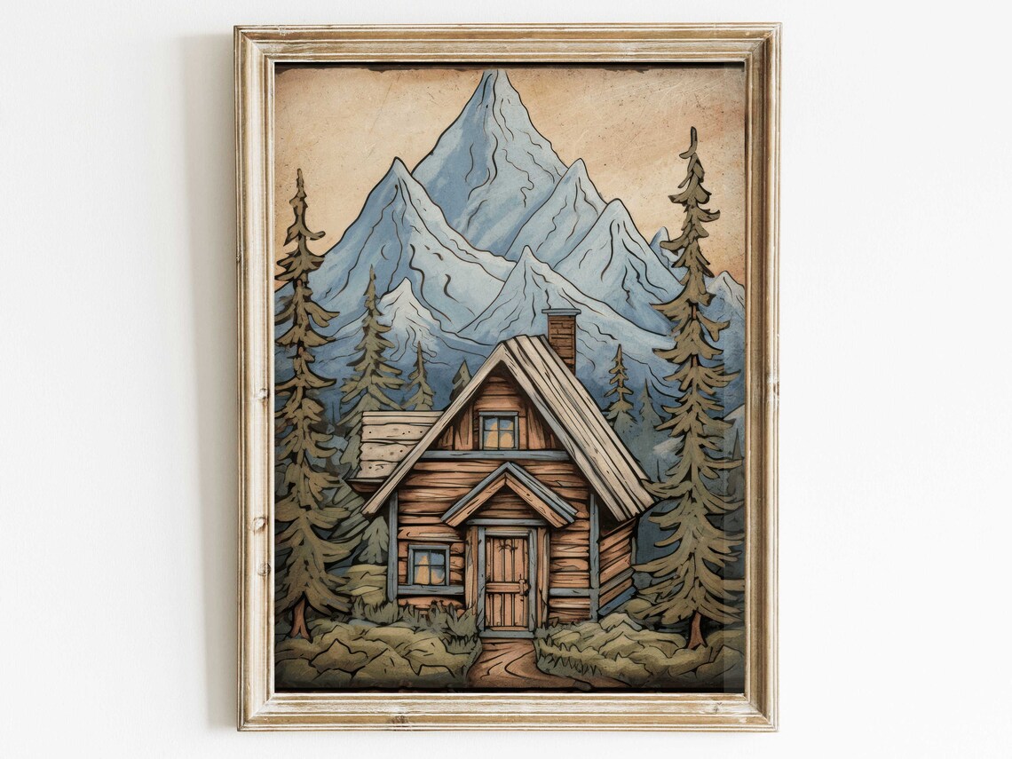 Rustic A-Frame Wood Cabin in the Mountains Vintage Nature Poster