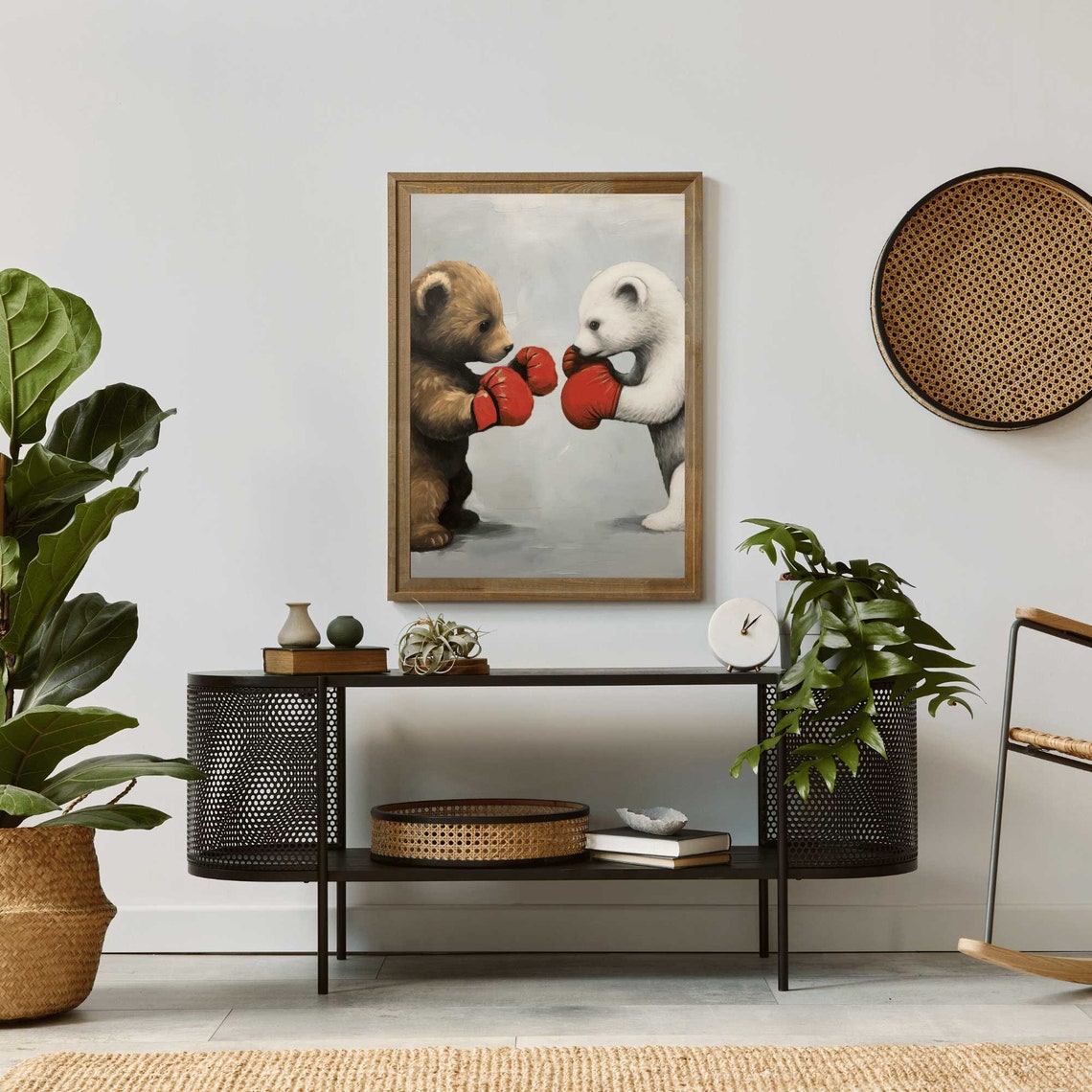 Two Playful Bear Cubs Boxing with Red Gloves Funny Nursery Poster - Image 2