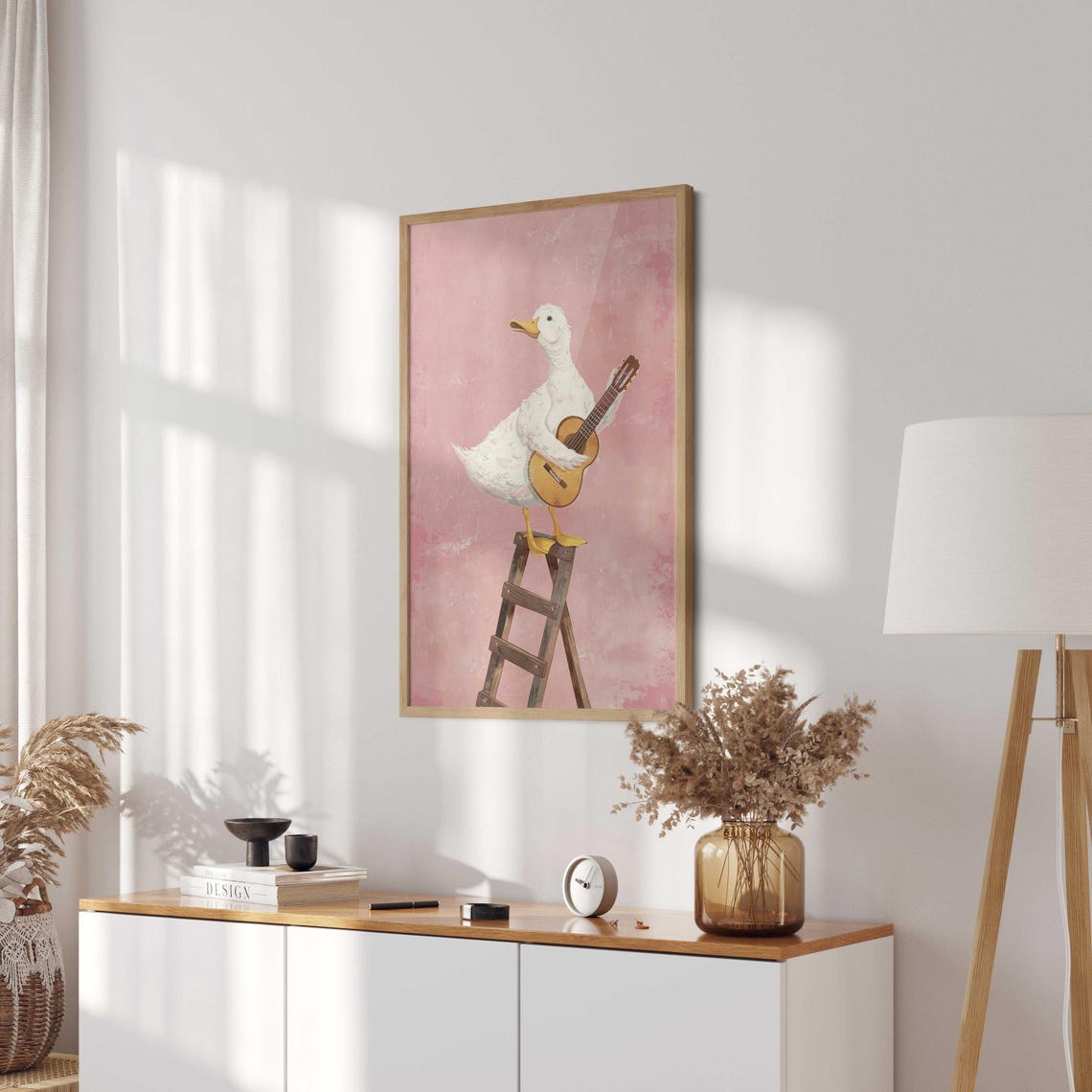 White Goose Playing Guitar Poster Pink Funny Animal Nursery Decor - Image 2