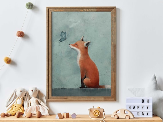 Sweet Red Fox Watching a Blue Butterfly Sage Nursery Kids Poster