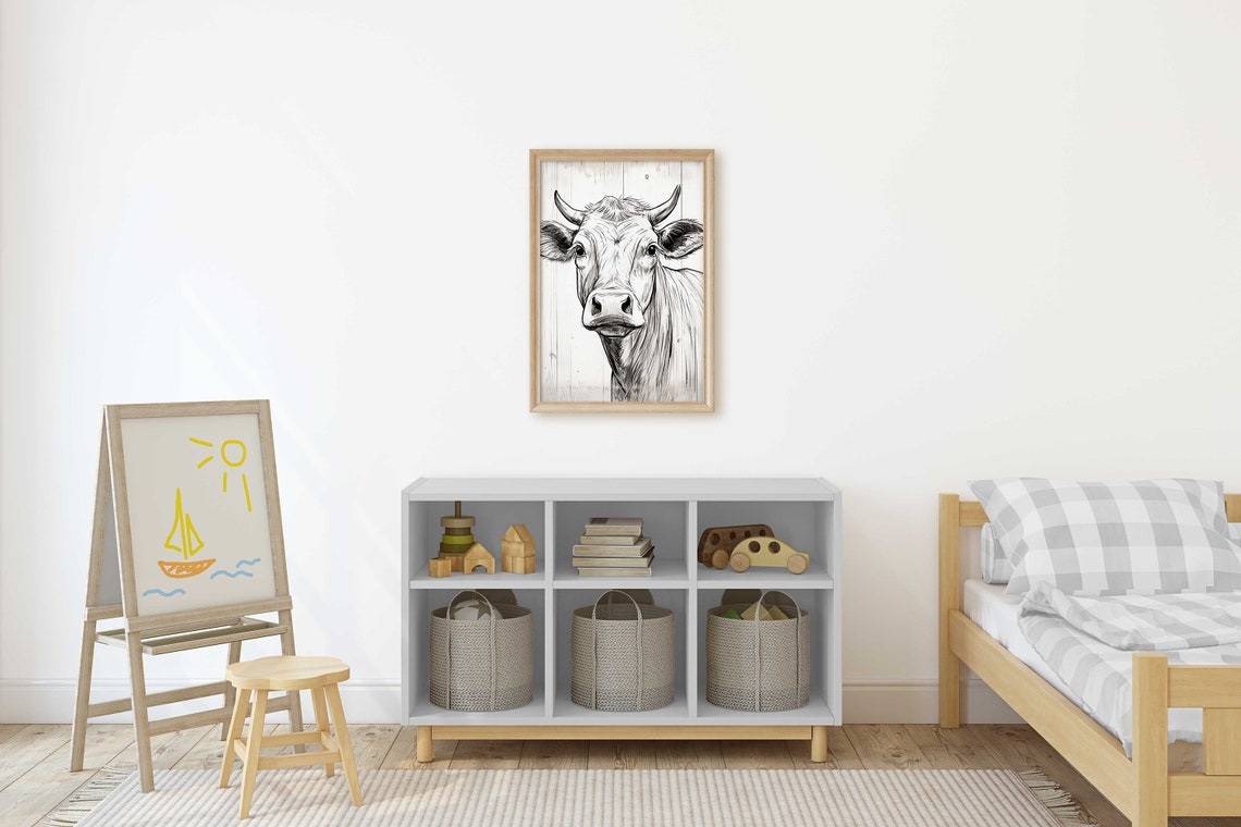 Black and White Bull Sketch on Whitewashed Wood Farmhouse Poster - Image 2