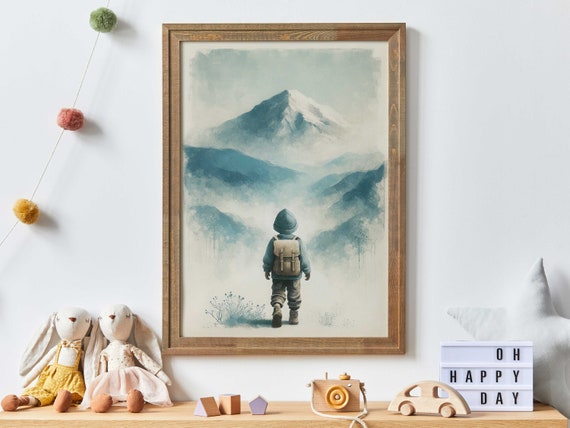 Young Boy Hiker With Backpack Walking Toward Misty Blue Mountains Poster