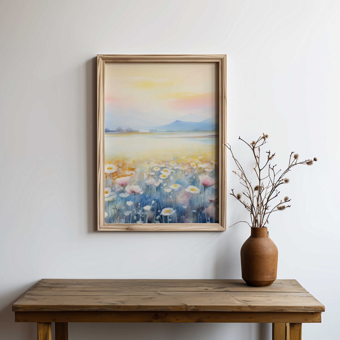 Tranquil Daisy Field Wildflowers Watercolor Sunrise Landscape Poster - Image 2