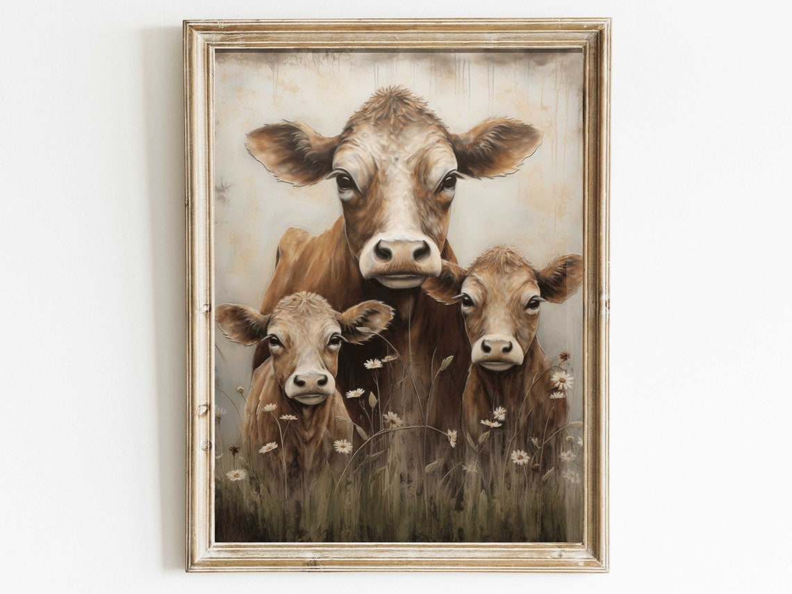 Mother Cow with Two Calves Among Daisies Rustic Farmhouse Wall Art