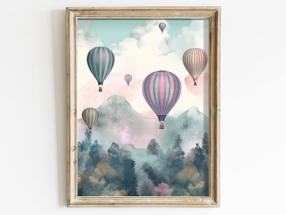 Vintage Hot Air Balloons Over Misty Mountains Watercolor Poster