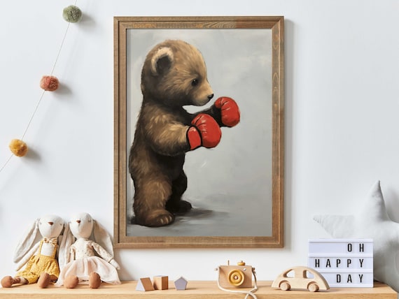 Adorable Bear Cub Wearing Bright Red Boxing Gloves Funny Animal Poster