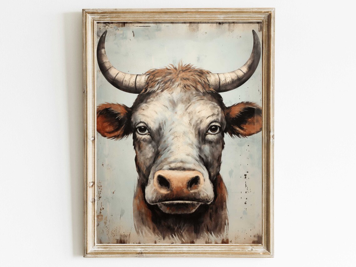 Expressive Highland Cow Portrait With Curved Horns Farm Art Poster