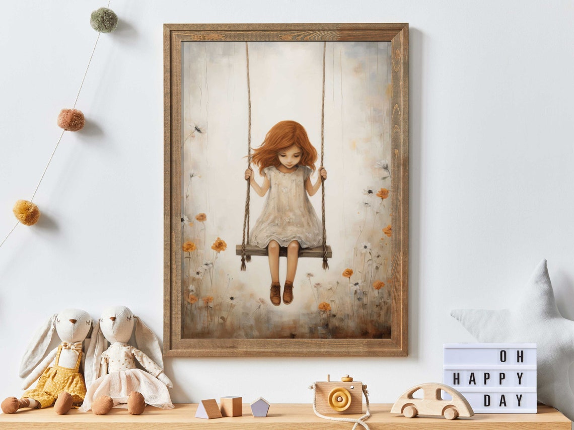Vintage Rustic Nursery Art Little Girl On Swing Art For Little Girl Girls Room Wall Art Girly Wall Art Printprintable Girls Bedroom Art