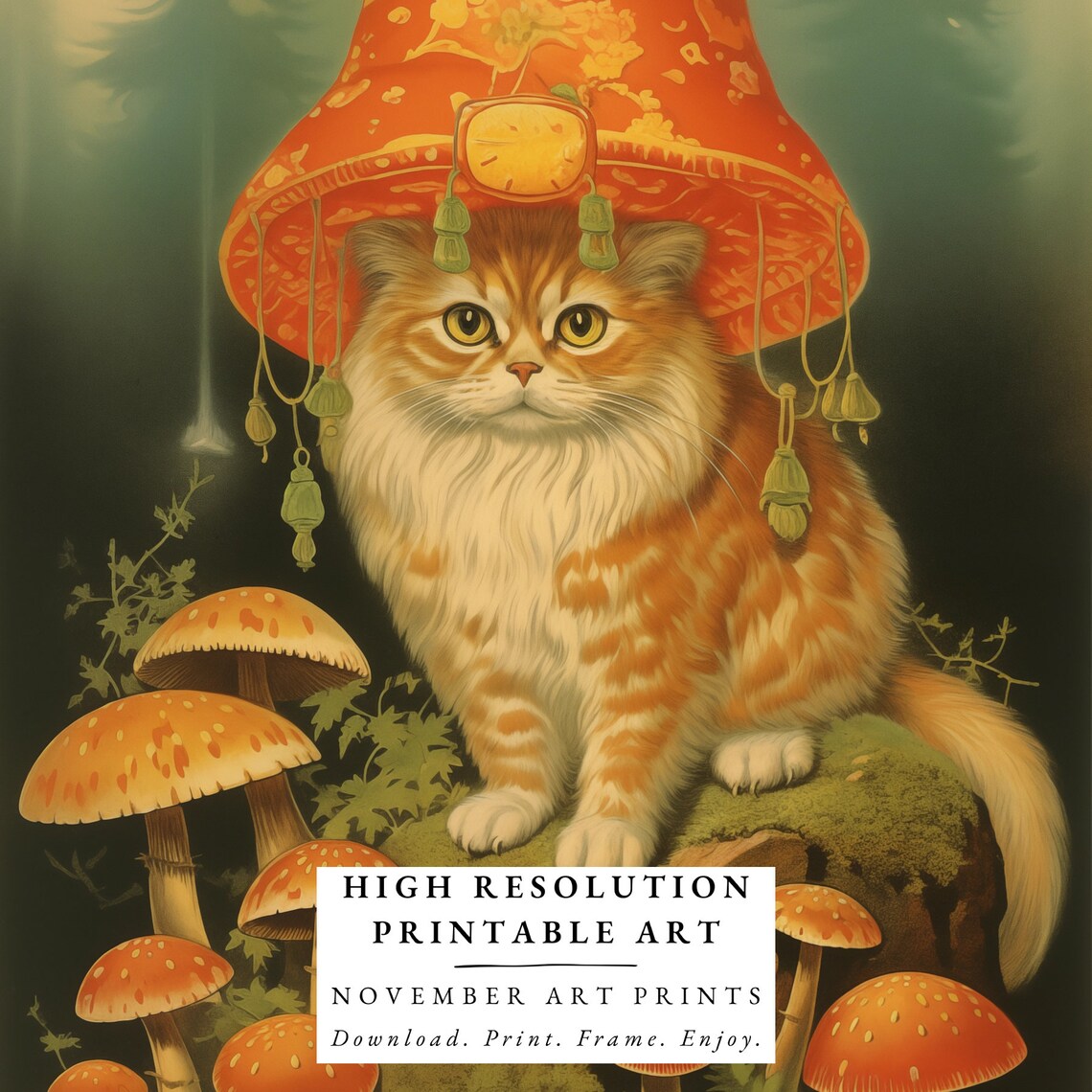 Ginger Cat Wearing a Mushroom Hat in the Forest Funny Poster - Image 3
