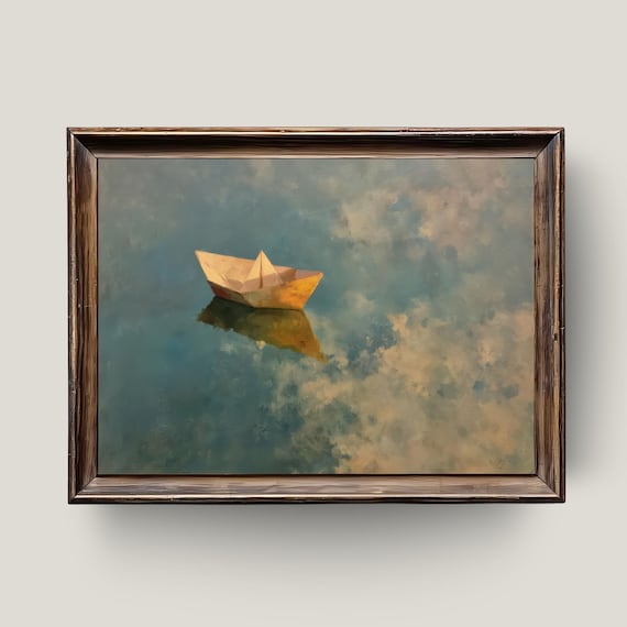 Origami Paper Boat Floating On Still Water Minimalist Oil Painting Print