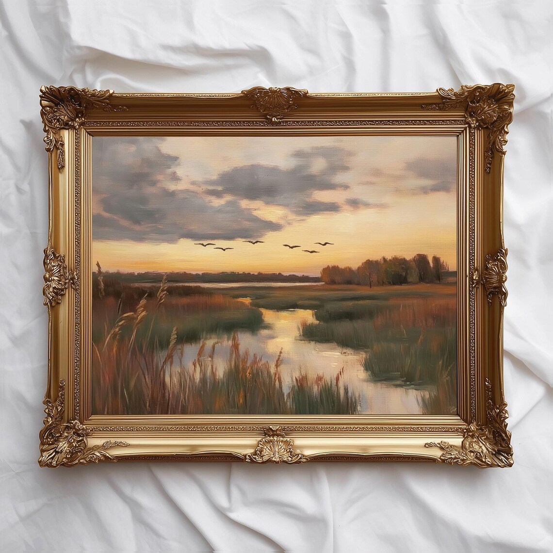 Marsh Sunset Wetland Evening Birds Flying Golden Landscape Painting Poster