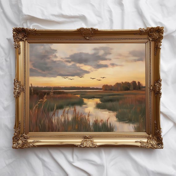 Marsh Sunset Landscape Painting Tranquil Wetland Evening Wall Art