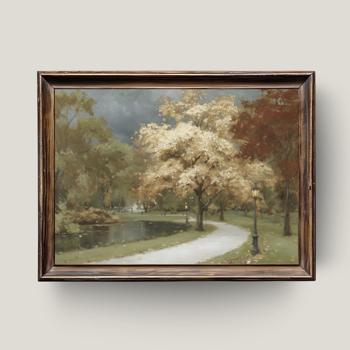 Autumn Park Path Pond Lamp Fall Landscape Painting Serene Poster