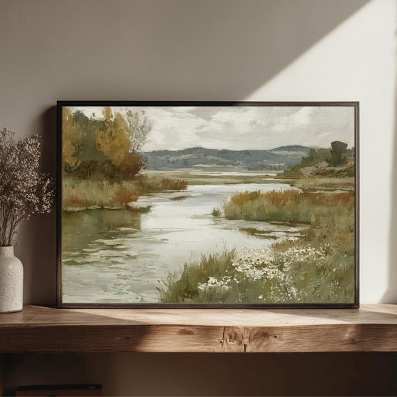 Autumn River Landscape Rustic Countryside Wall Art Neutral Nature Painting Warm Earthy Decor