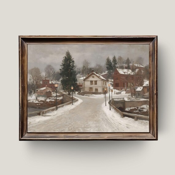 Snowy Village Street Vintage Winter Evening Snowfall Town Scene Poster