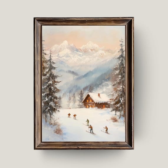 Ski Chalet Winter Print Snowy Mountain Landscape Wall Art With Skiers