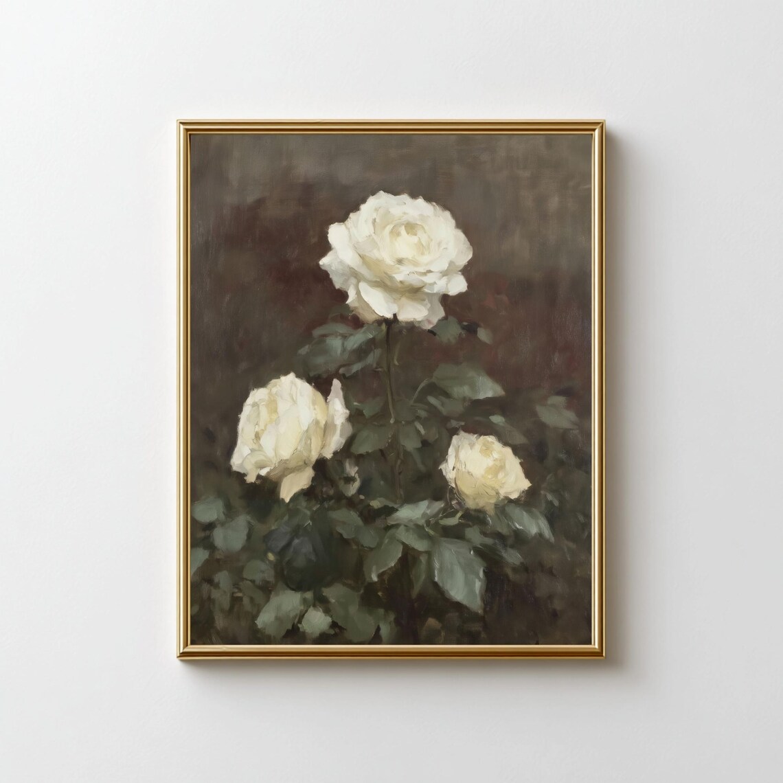 White Rose Vintage Floral Oil Painting Dark Background Botanical Poster