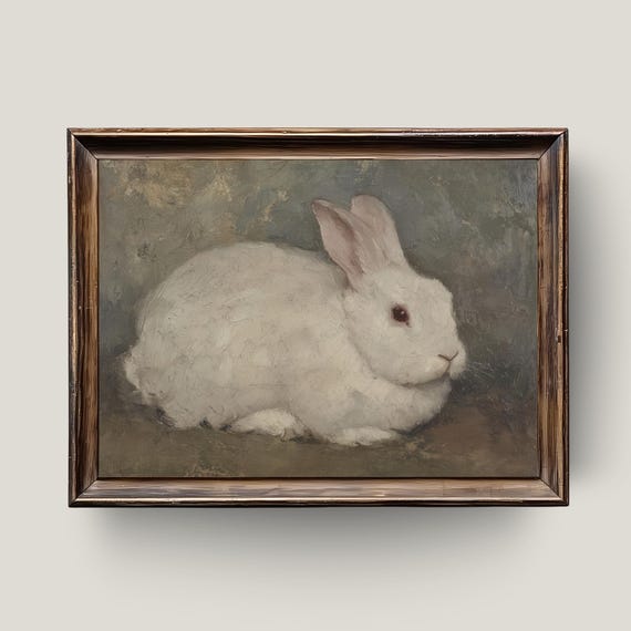 Vintage White Rabbit Portrait Farmhouse Style Bunny Print
