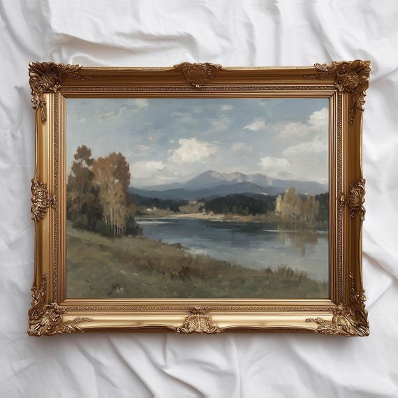 Golden Lake View Peaceful Autumn Landscape Wall Art Tranquil Nature Painting Countryside Decor