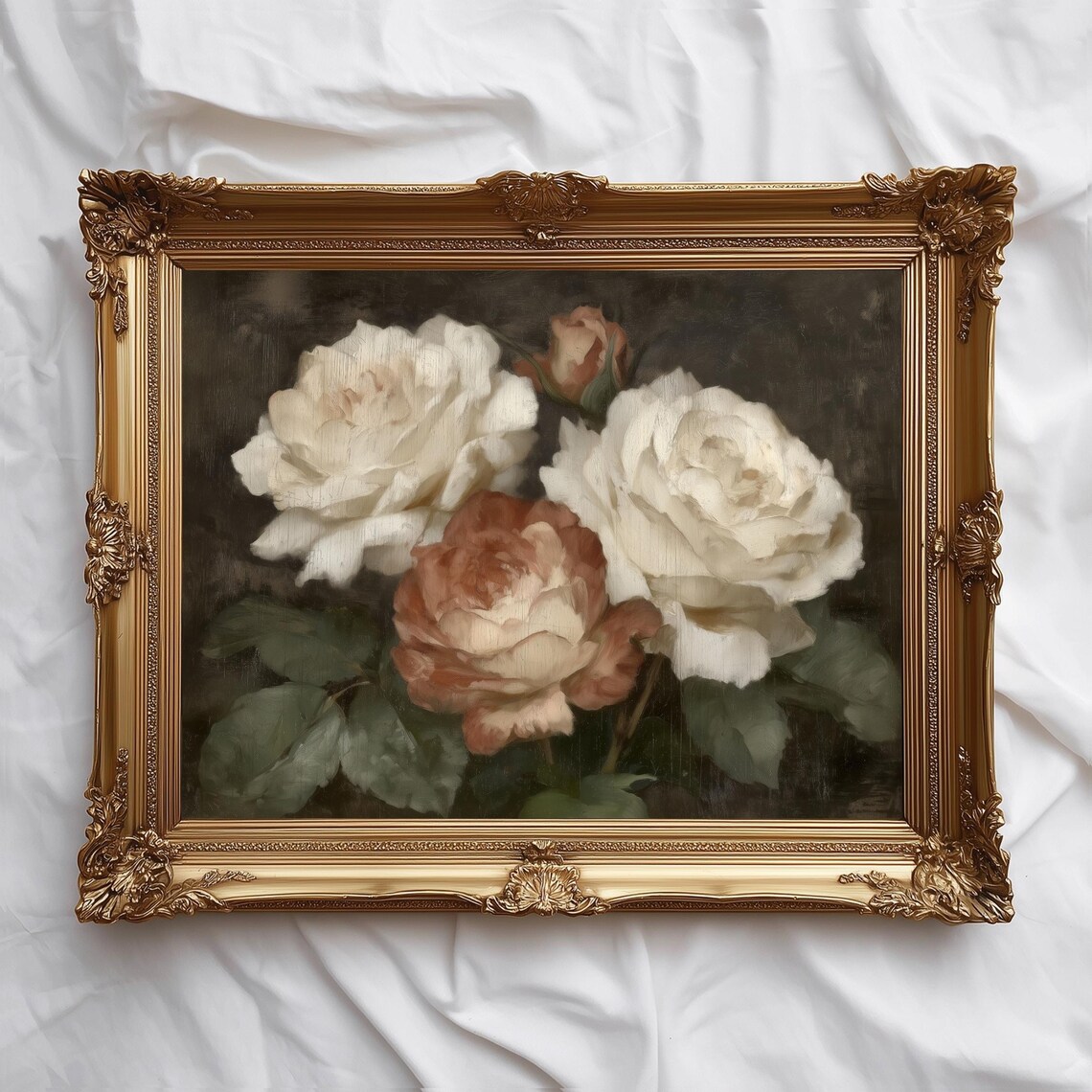 Blush And White Rose Wall Art Vintage Floral Moody Botanical Print