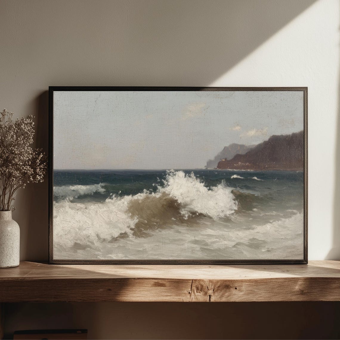 Crashing Ocean Waves Vintage Coastal Seascape Painting Print