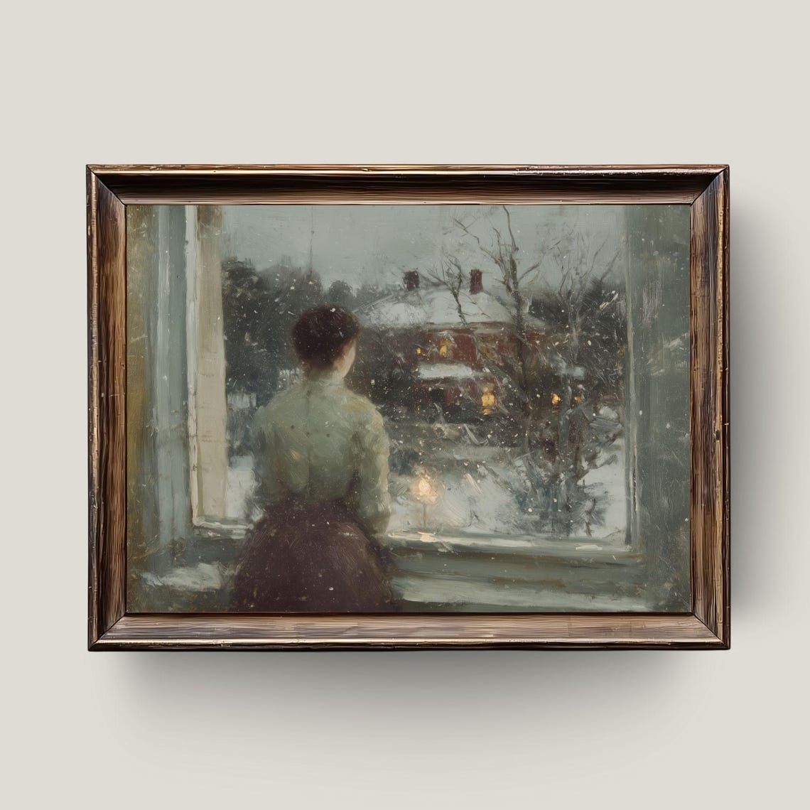 Winter Evening Snow Scene Victorian Woman At Window Nostalgic Wall Art